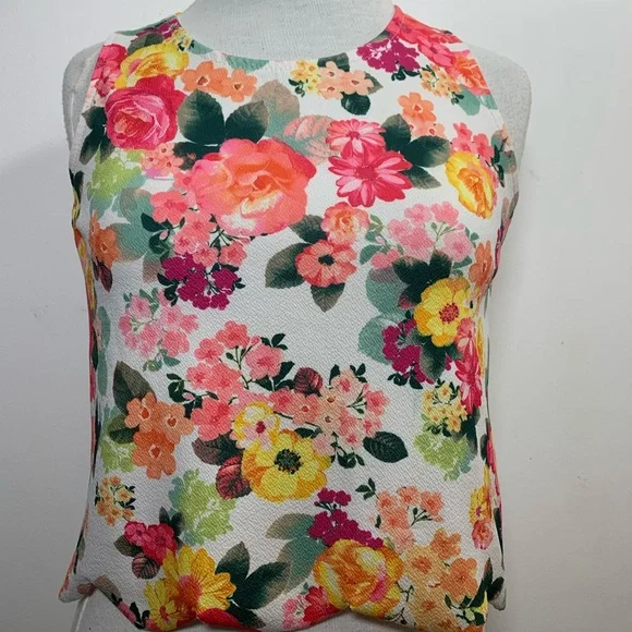 Quiz Floral Top Sleeveless Cami  White Multicoloured Scallop Hem Colourful UK 12 - Picture 2 of 8